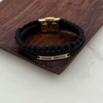 دستبند چرم و طلا مهره دار کد 4015