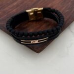 دستبند چرم و طلا مهره دار کد 4012