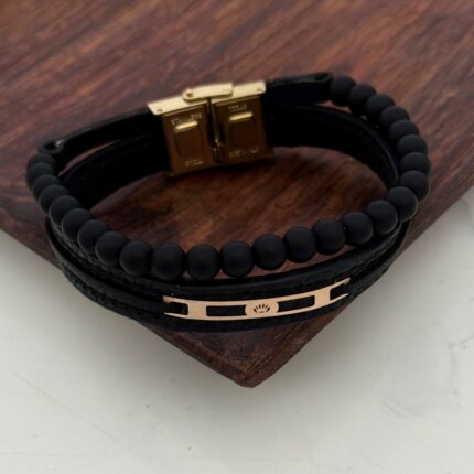 دستبند چرم و طلا مهره دار کد 4027