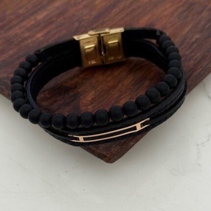 دستبند چرم و طلا مهره دار کد 4023