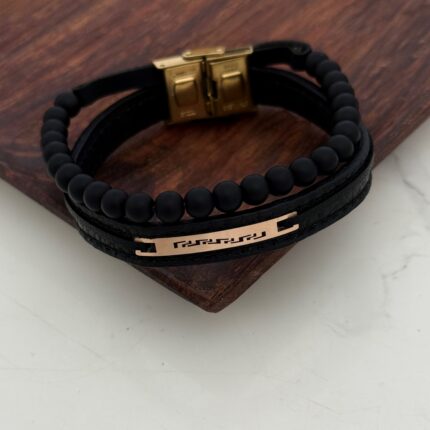 دستبند چرم و طلا مهره دار کد 4021