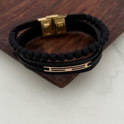 دستبند چرم و طلا مهره دار کد 4025
