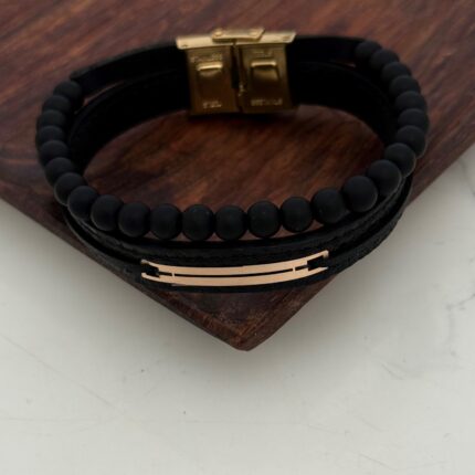 دستبند چرم و طلا مهره دار کد 4019