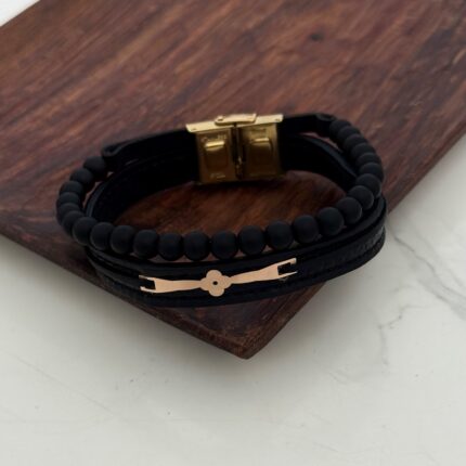 دستبند چرم و طلا مهره دار کد 4017