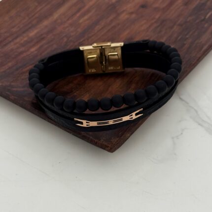 دستبند چرم و طلا مهره دار کد 4020