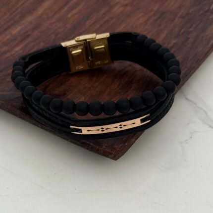 دستبند چرم و طلا مهره دار کد 4028