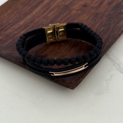 دستبند چرم و طلا مهره دار کد4024