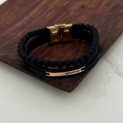 دستبند چرم و طلا مهره دار کد 4022