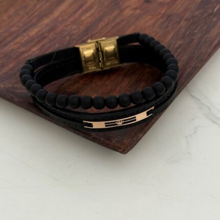 دستبند چرم و طلا مهره دار کد 4018