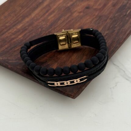 دستبند چرم و طلا مهره دار کد 4026